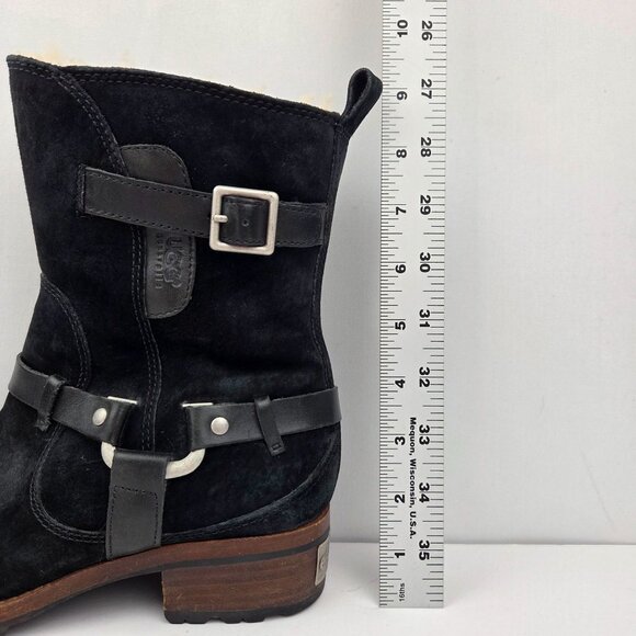 UGG Endell Black Suede Shearling-Lined Moto Boots With Buckle Accents Size 7 - Picture 13 of 16